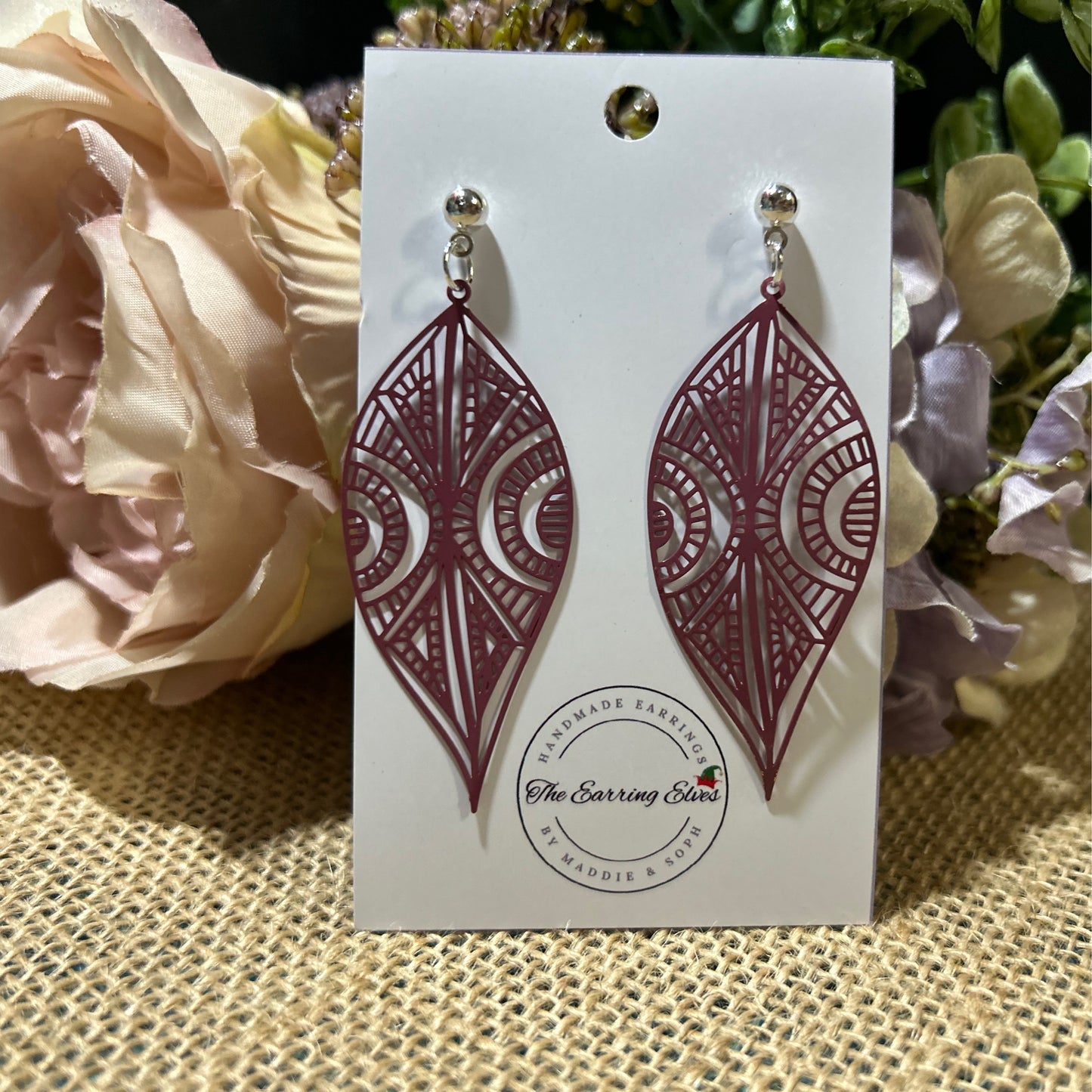 Burgundy Filigree Leaf Dangles